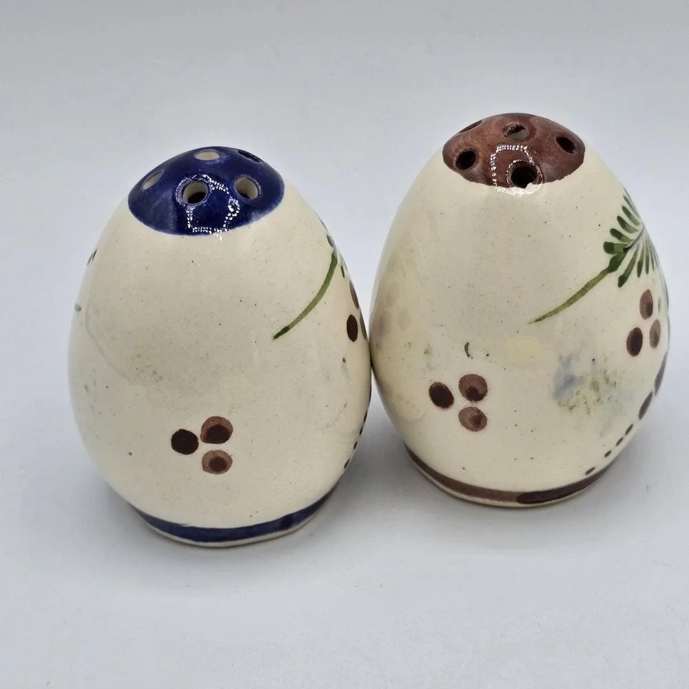 Salt & Pepper Shakers Egg Shaped Hand Painted Floral Mexico Signed Vtg Set